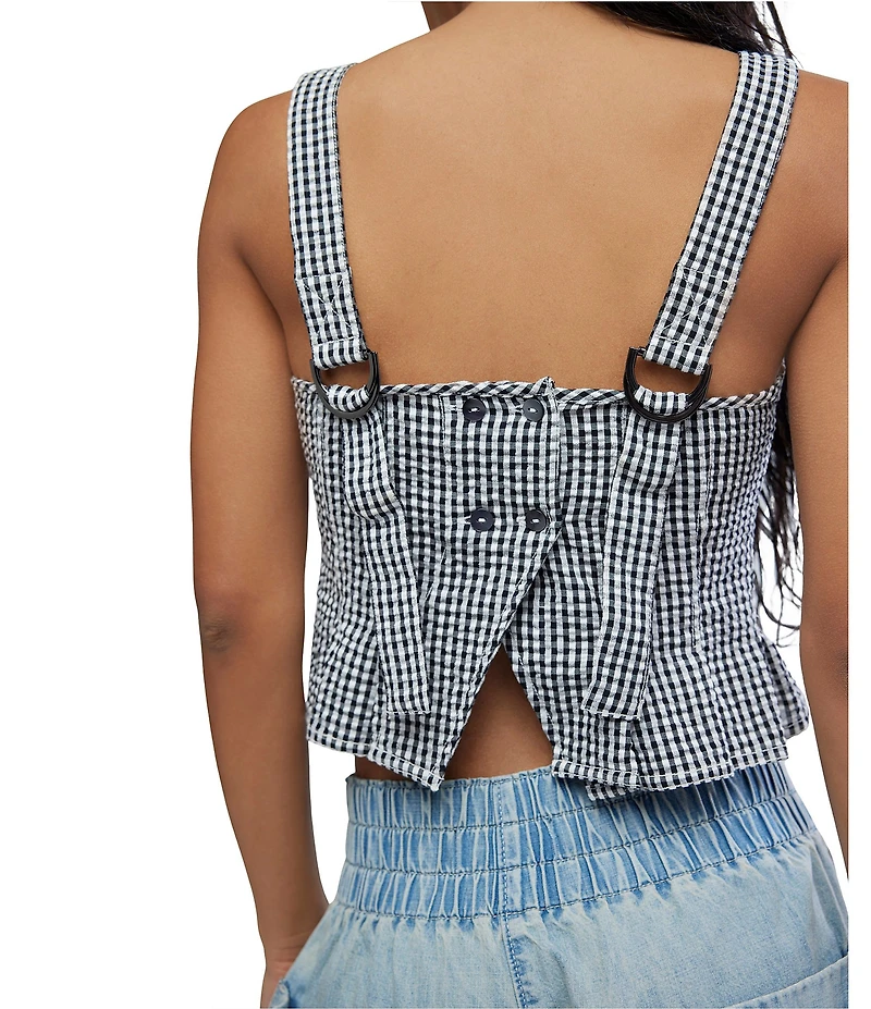 Free People Sunfaded Gingham Printed Boat Neck Sleeveless Peplum Top