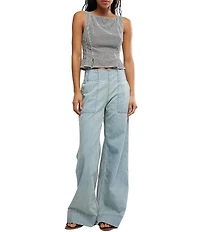 Free People Sunfaded Gingham Printed Boat Neck Sleeveless Peplum Top