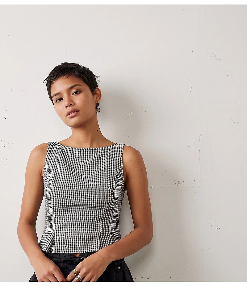 Free People Sunfaded Gingham Printed Boat Neck Sleeveless Peplum Top