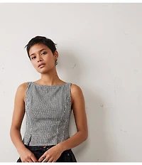 Free People Sunfaded Gingham Printed Boat Neck Sleeveless Peplum Top