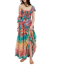 Free People Sunshine Floral Printed Square Neck Flutter Sleeve A-Line Maxi Dress