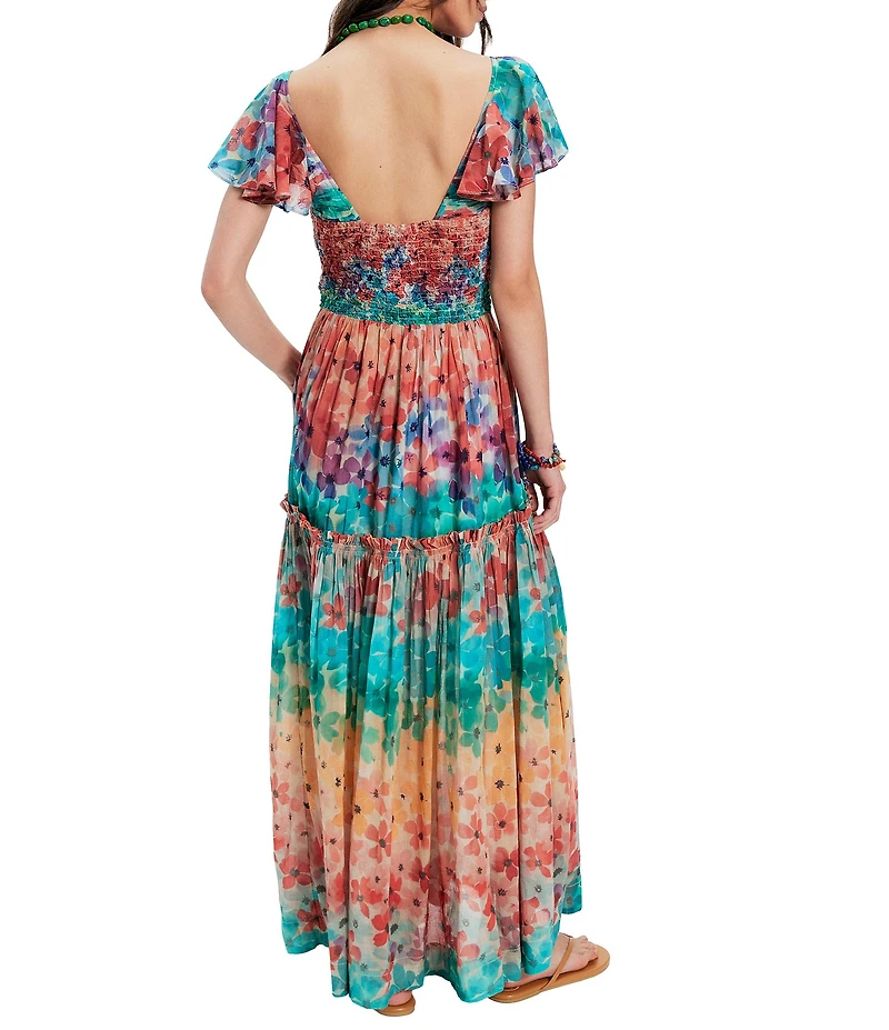 Free People Sunshine Floral Printed Square Neck Flutter Sleeve A-Line Maxi Dress