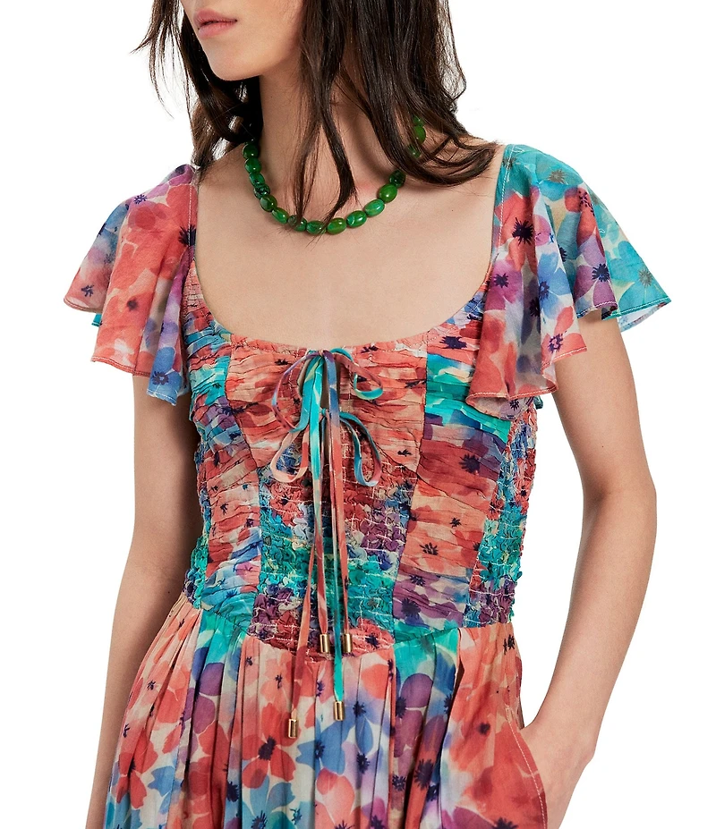 Free People Sunshine Floral Printed Square Neck Flutter Sleeve A-Line Maxi Dress