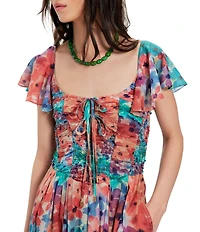 Free People Sunshine Floral Printed Square Neck Flutter Sleeve A-Line Maxi Dress
