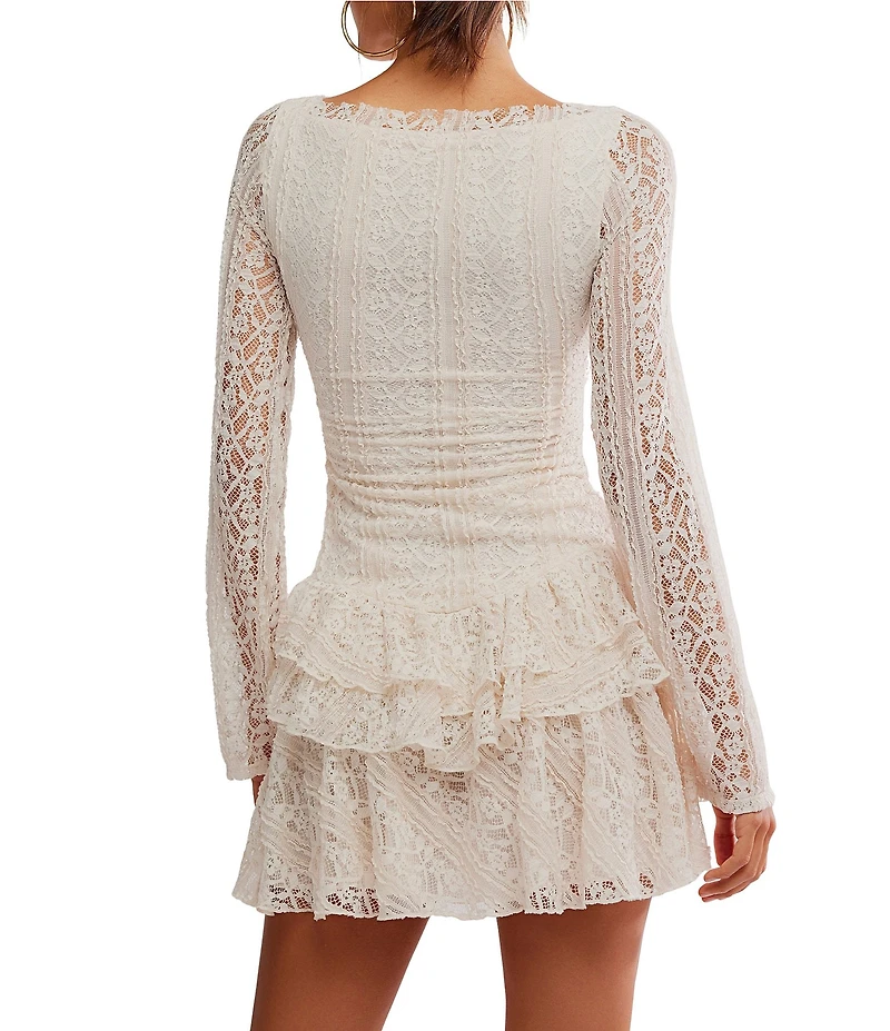 Free People Tabby Lace Ruffle Tiered Crew Neck Long Sleeve Mini Dress