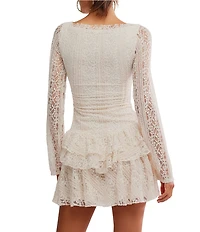 Free People Tabby Lace Ruffle Tiered Crew Neck Long Sleeve Mini Dress