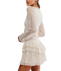 Free People Tabby Lace Ruffle Tiered Crew Neck Long Sleeve Mini Dress