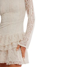 Free People Tabby Lace Ruffle Tiered Crew Neck Long Sleeve Mini Dress
