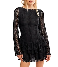 Free People Tabby Lace Ruffle Tiered Crew Neck Long Sleeve Mini Dress