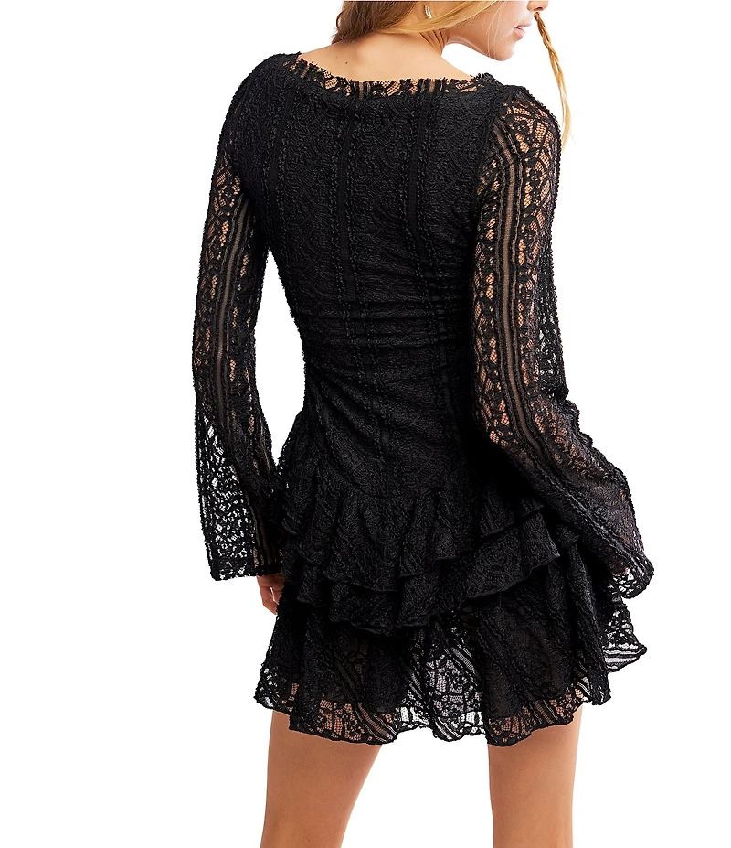 Free People Tabby Lace Ruffle Tiered Crew Neck Long Sleeve Mini Dress