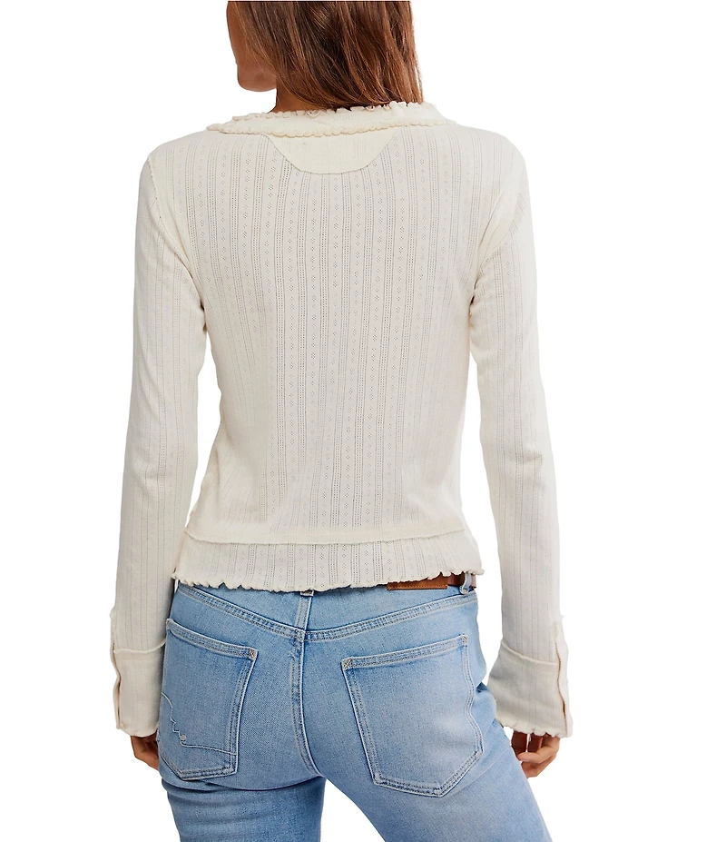 Free People Through The Wood Embroidered Soft Pointelle Crew Neck Long Sleeve Tee