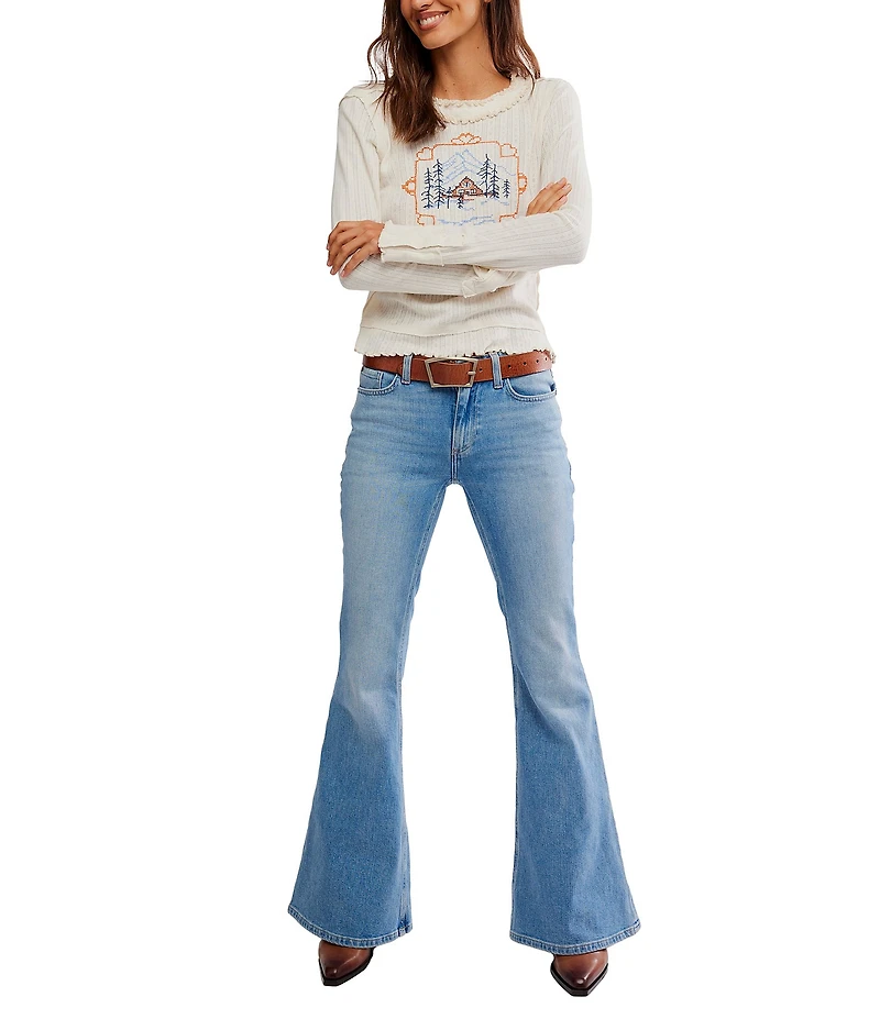 Free People Through The Wood Embroidered Soft Pointelle Crew Neck Long Sleeve Tee