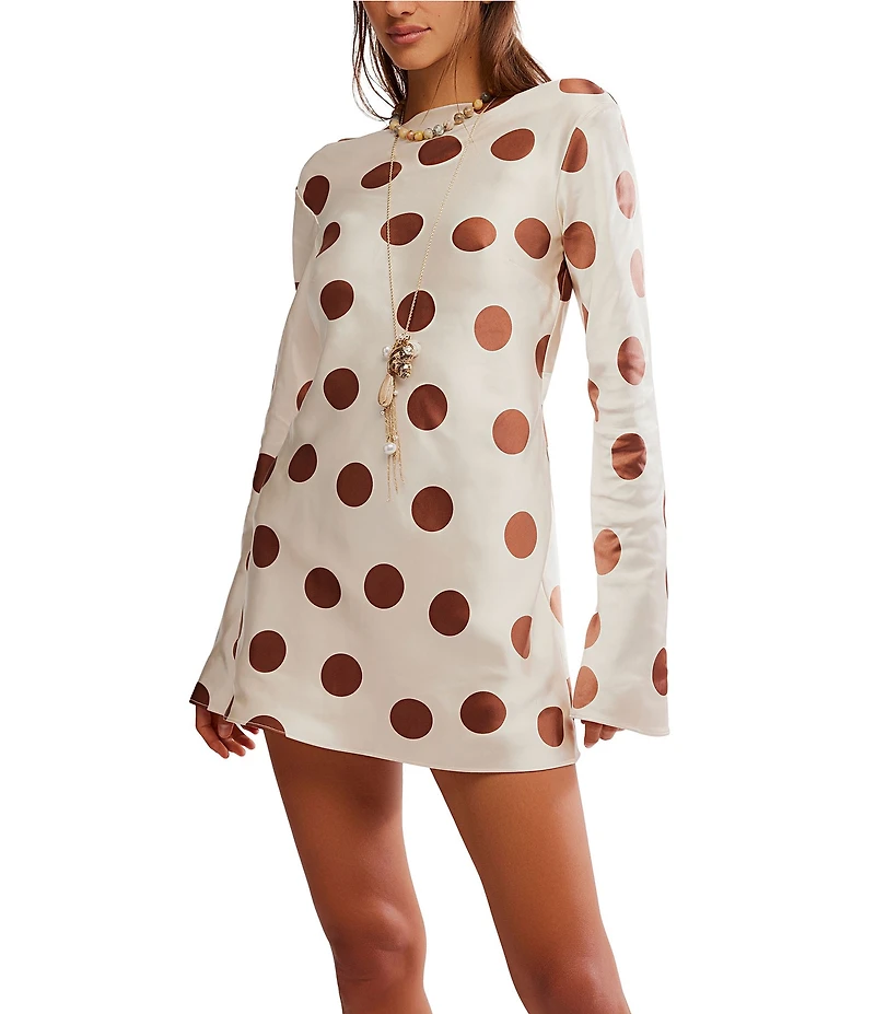 Free People Tigre Dot Printed Boat Neck Long Sleeve Mini Dress