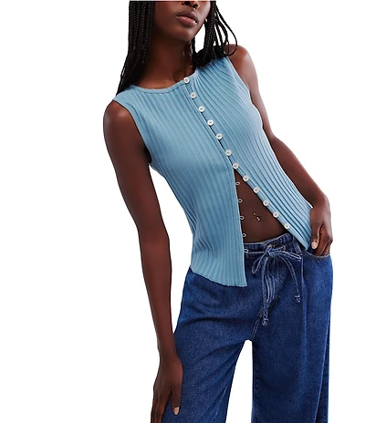 Free People Tilly Ribbed Knit Crew Neck Sleeveless Fitted Vest
