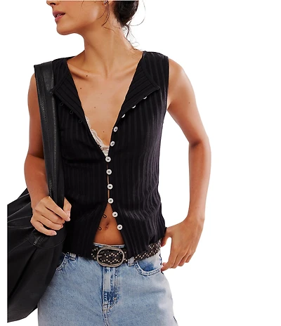 Free People Tilly Ribbed Knit Crew Neck Sleeveless Fitted Vest