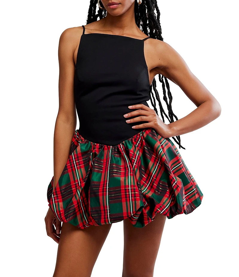 Free People Tinsel Kiss Plaid Print Square Neck Sleeveless Bubble Hemline Mini Dress