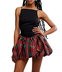 Free People Tinsel Kiss Plaid Print Square Neck Sleeveless Bubble Hemline Mini Dress