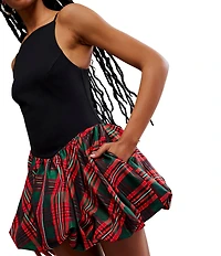 Free People Tinsel Kiss Plaid Print Square Neck Sleeveless Bubble Hemline Mini Dress