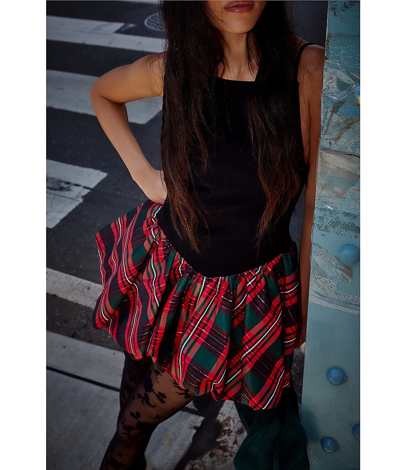 Free People Tinsel Kiss Plaid Print Square Neck Sleeveless Bubble Hemline Mini Dress