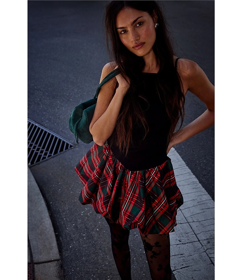 Free People Tinsel Kiss Plaid Print Square Neck Sleeveless Bubble Hemline Mini Dress