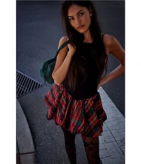 Free People Tinsel Kiss Plaid Print Square Neck Sleeveless Bubble Hemline Mini Dress