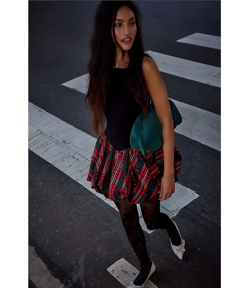 Free People Tinsel Kiss Plaid Print Square Neck Sleeveless Bubble Hemline Mini Dress