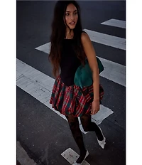 Free People Tinsel Kiss Plaid Print Square Neck Sleeveless Bubble Hemline Mini Dress