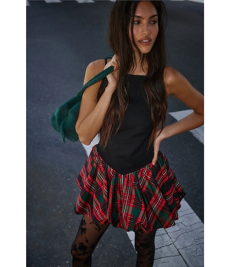 Free People Tinsel Kiss Plaid Print Square Neck Sleeveless Bubble Hemline Mini Dress