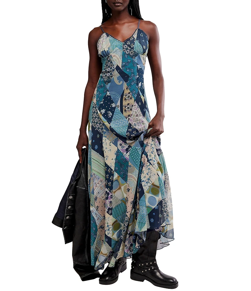 Free People Tis The Season Printed V-Neck Sleeveless A-Line Maxi Dress