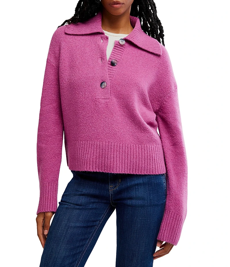 Free People Trading Up Collared Neckline Long Sleeve Polo Sweater