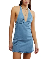 Free People Trevi Denim Sleeveless Plunging Halter Mini Dress