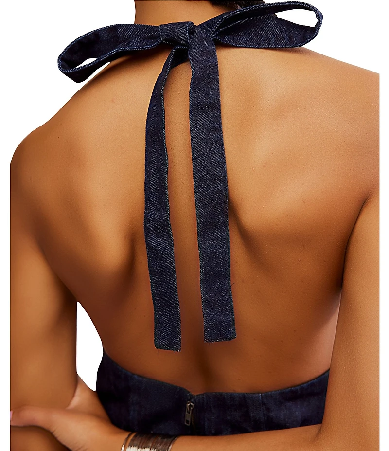 Free People Trevi Denim Sleeveless Plunging Halter Mini Dress