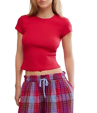 Free People Wait A Minute Baby Short Sleeve Crew Neck Pointelle Knit Tee