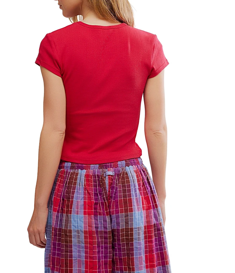 Free People Wait A Minute Baby Short Sleeve Crew Neck Pointelle Knit Tee