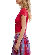 Free People Wait A Minute Baby Short Sleeve Crew Neck Pointelle Knit Tee