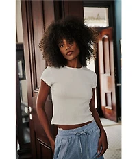 Free People Wait A Minute Baby Short Sleeve Crew Neck Pointelle Knit Tee