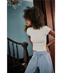 Free People Wait A Minute Baby Short Sleeve Crew Neck Pointelle Knit Tee