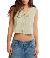 Free People Waiting For Me Plaid Print Collared V-Neck Sleeveless Cropped Top