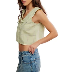 Free People Waiting For Me Plaid Print Collared V-Neck Sleeveless Cropped Top