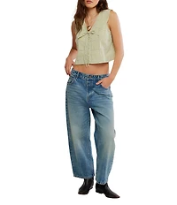 Free People Waiting For Me Plaid Print Collared V-Neck Sleeveless Cropped Top