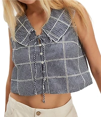 Free People Waiting For Me Plaid Print Collared V-Neck Sleeveless Cropped Top