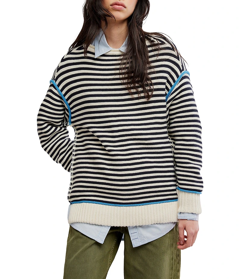 Free People We The Free Asher Striped Rolled Boat Neck Long Sleeve Pullover Sweater
