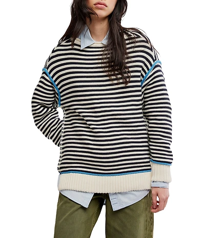 Free People We The Free Asher Striped Rolled Boat Neck Long Sleeve Pullover Sweater