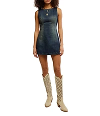 Free People We The Free Atlas Denim Boat Neck Sleeveless Back Cut-Out Mini Dress