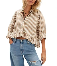 Free People We The Free Bailey Stripe Print Point Collar 3/4 Sleeve Ruffle High-Low Hem Button Front Blouse