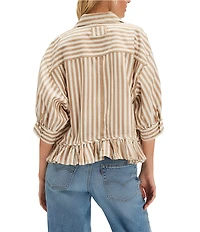 Free People We The Free Bailey Stripe Print Point Collar 3/4 Sleeve Ruffle High-Low Hem Button Front Blouse