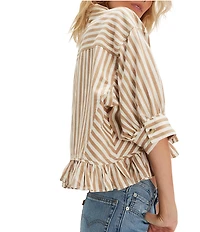 Free People We The Free Bailey Stripe Print Point Collar 3/4 Sleeve Ruffle High-Low Hem Button Front Blouse