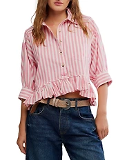 Free People We The Free Bailey Stripe Print Point Collar 3/4 Sleeve Ruffle High-Low Hem Button Front Blouse
