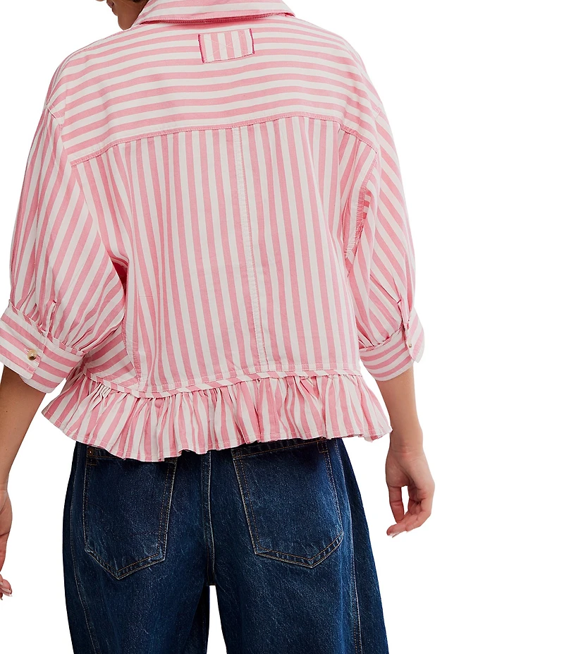 Free People We The Free Bailey Stripe Print Point Collar 3/4 Sleeve Ruffle High-Low Hem Button Front Blouse