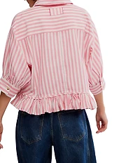 Free People We The Free Bailey Stripe Print Point Collar 3/4 Sleeve Ruffle High-Low Hem Button Front Blouse